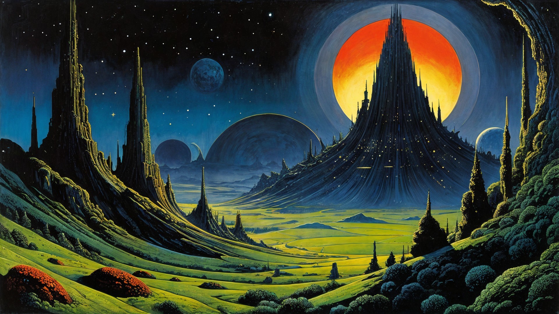 Cosmic Landscape with Mountains and Celestial Bodies