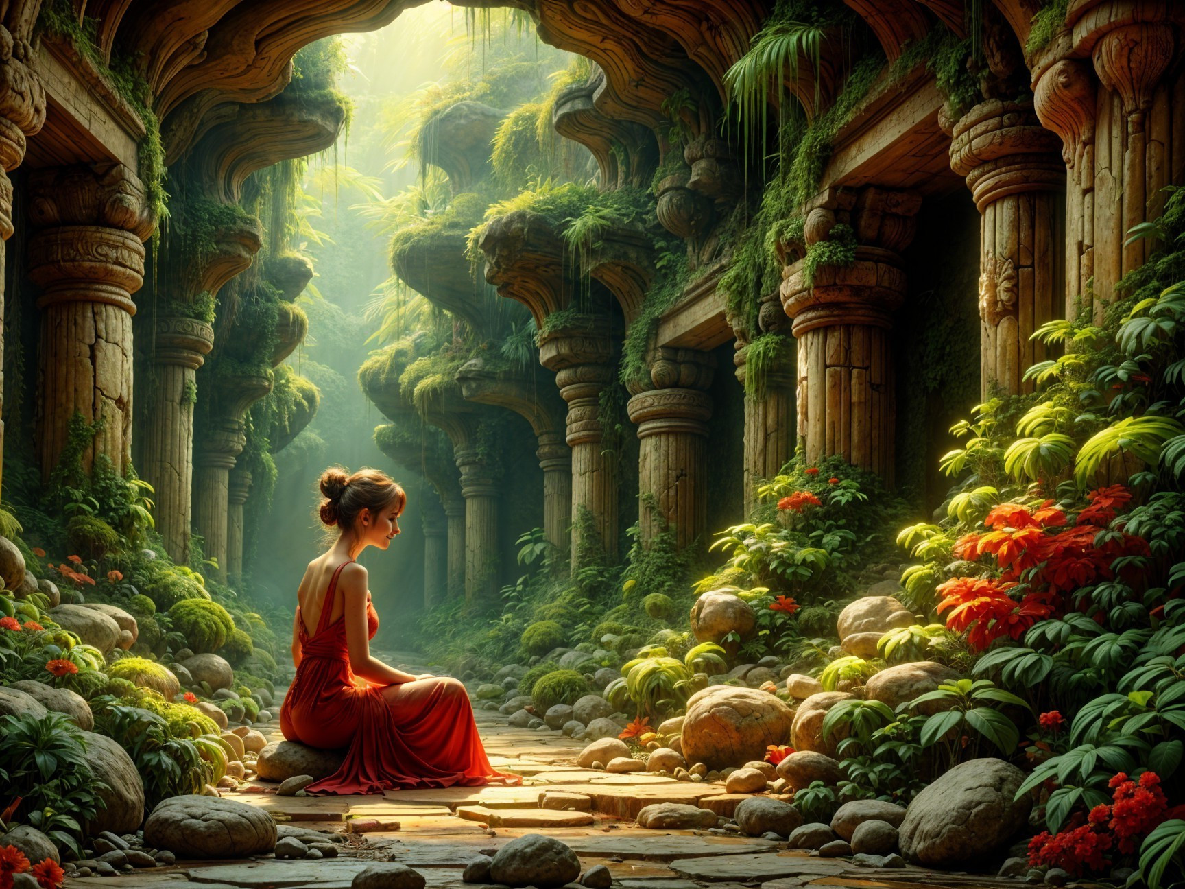Serene Temple Ruins with Woman in Red Dress