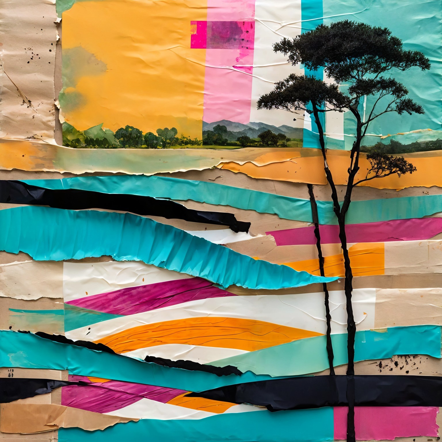 Vibrant Collage with Tree Silhouette and Abstract Landscape