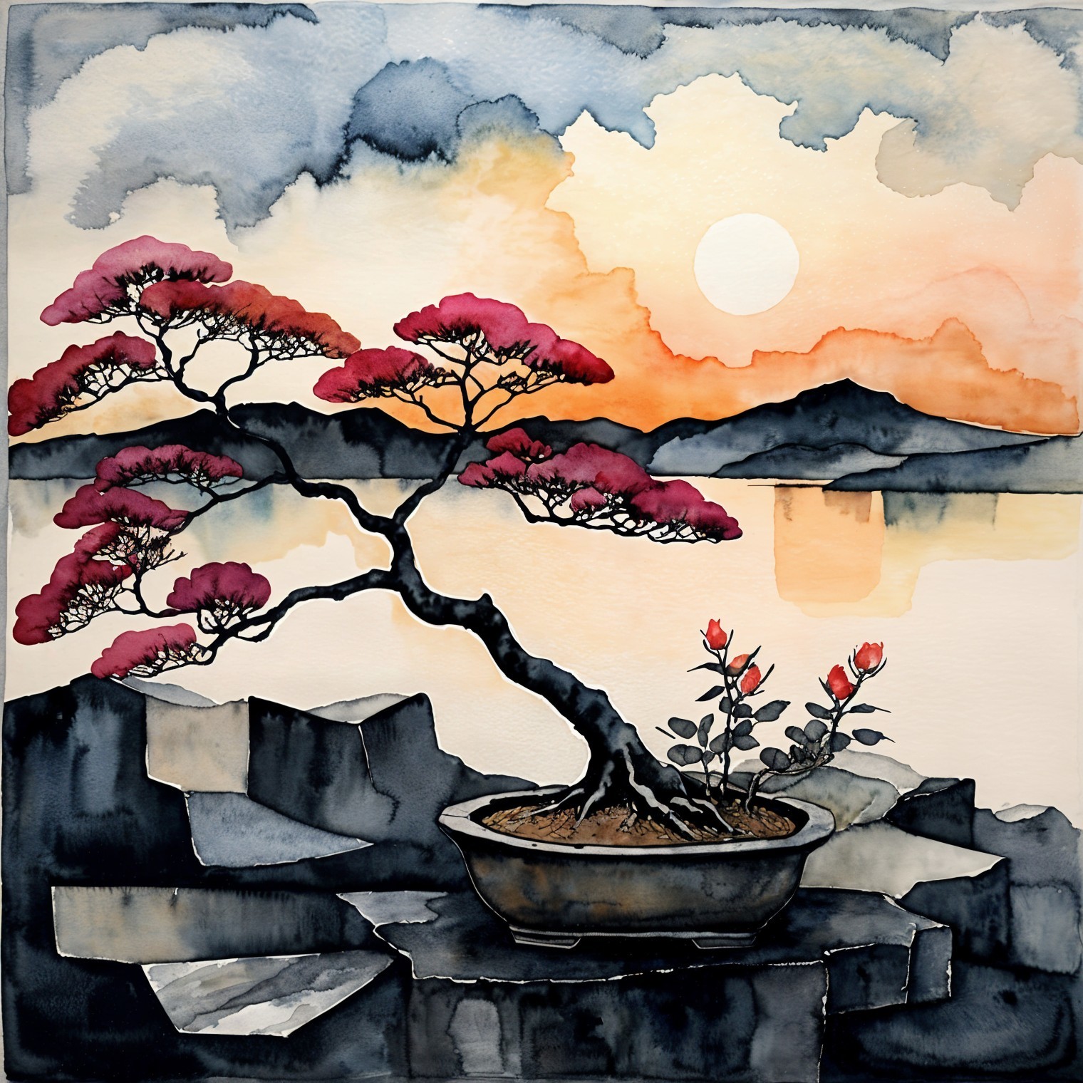 Watercolor Landscape with Bonsai Tree at Sunset