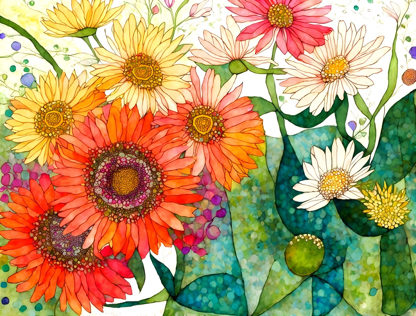 Colorful Watercolor Painting of Blossoming Flowers in Yellow, Orange, and Pink