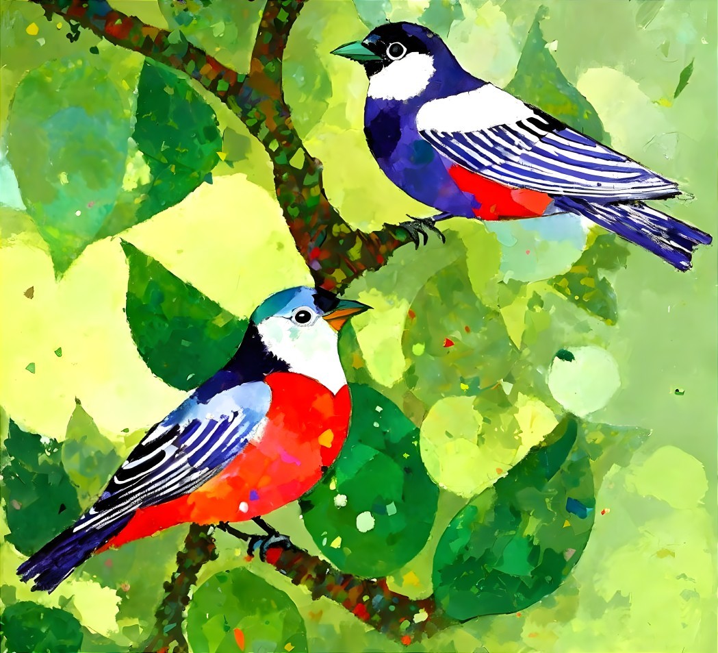 Colorful Birds on Tree Branch with Green Leaves