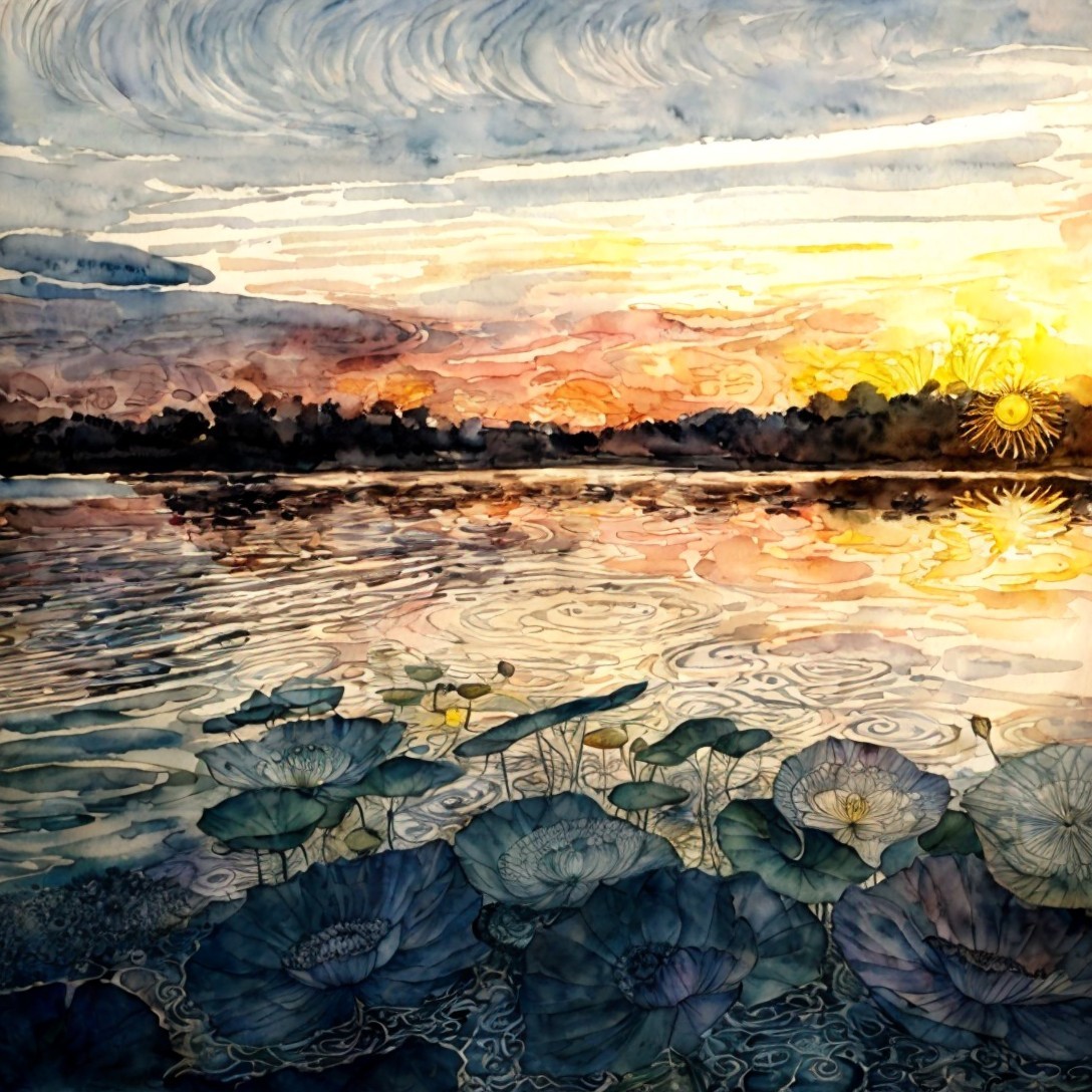 Tranquil Sunset Reflection with Blue Lotus Flowers