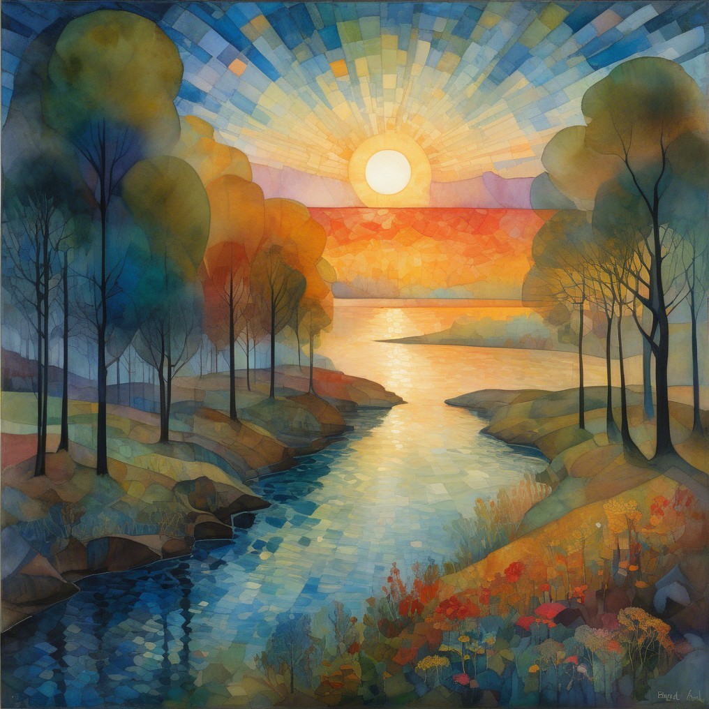 Vibrant Stained Glass Style Sunset Over Lake Scene