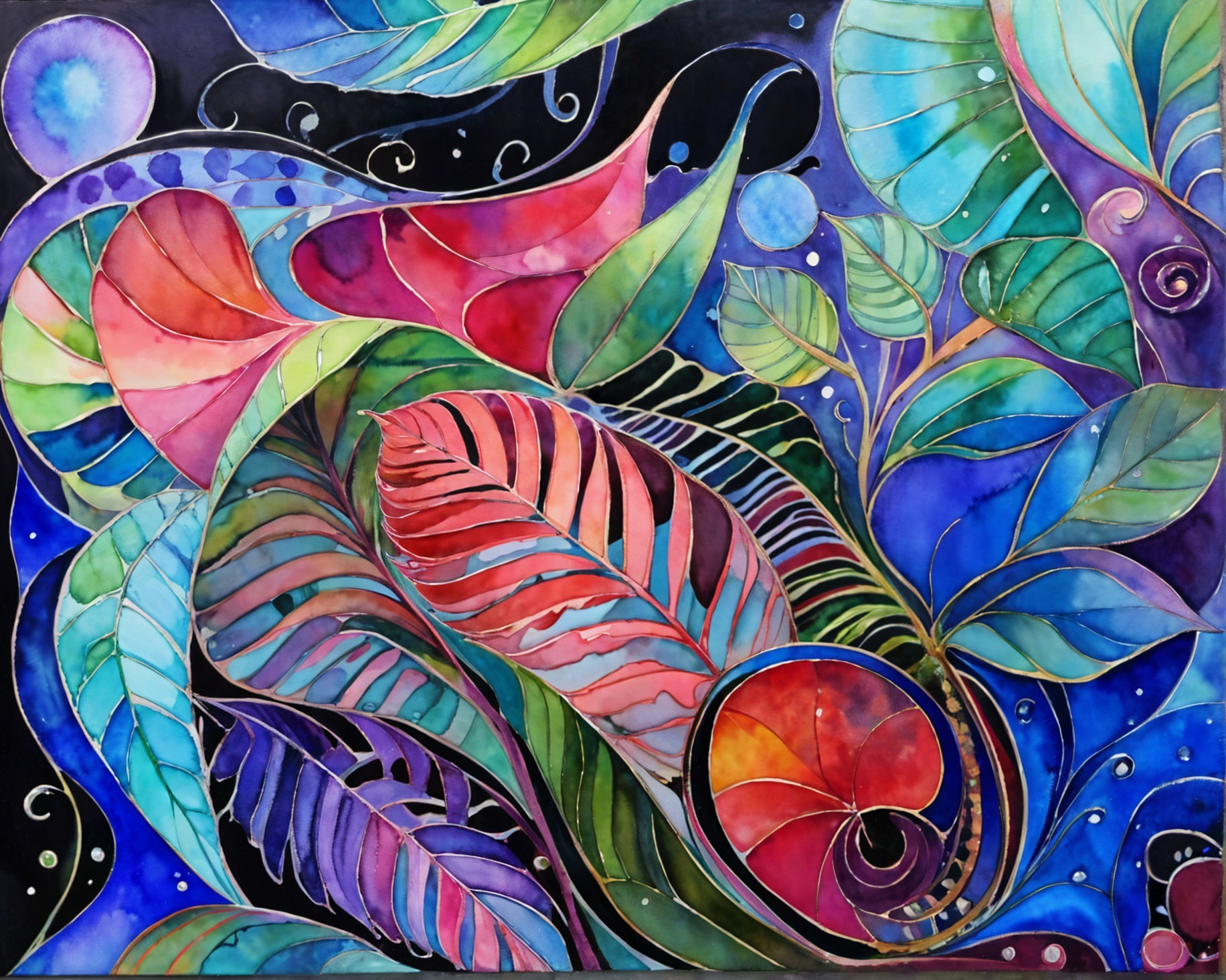 Vibrant Abstract Artwork with Colorful Swirling Leaves