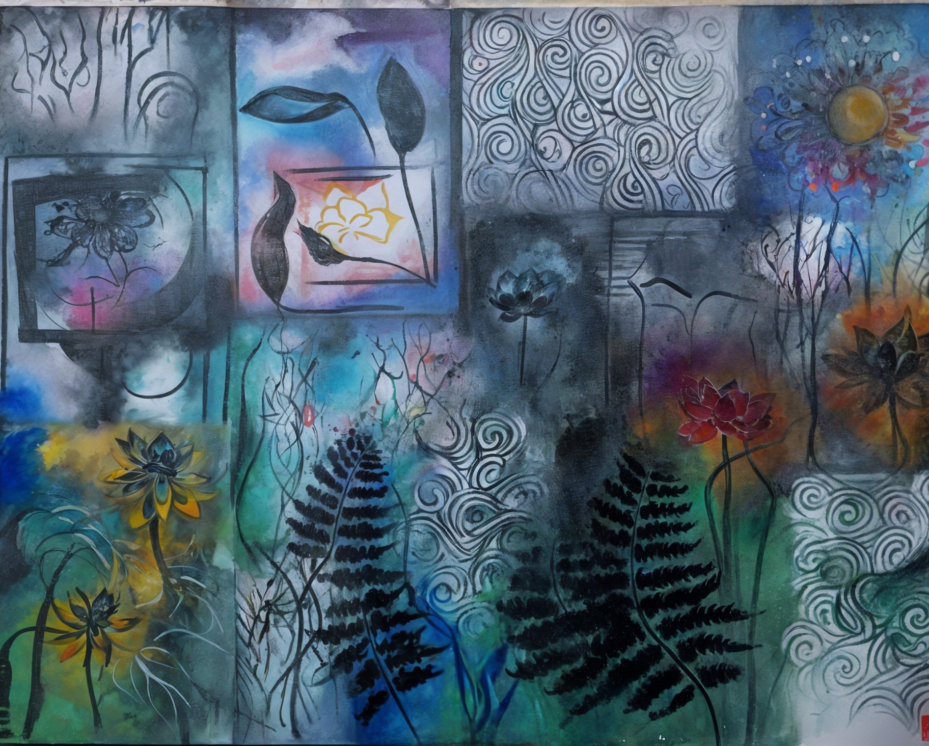 Vibrant Abstract Composition with Floral Patterns