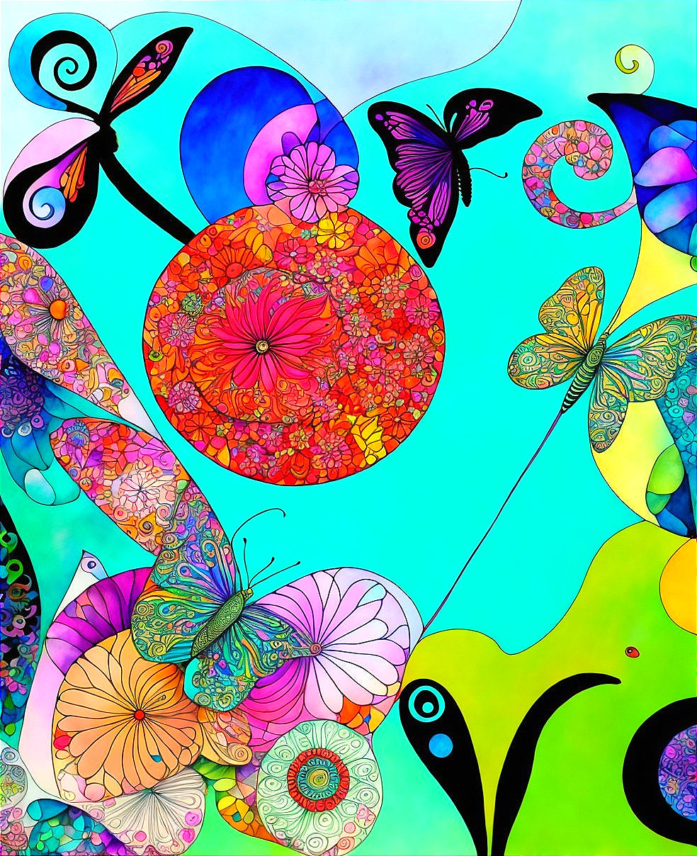 Colorful Abstract Art: Butterflies and Florals in Blues, Greens, Pinks, and Pur
