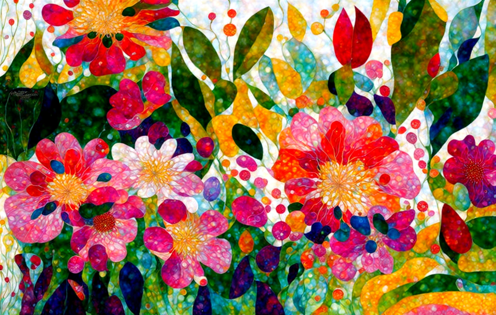 Colorful Abstract Painting with Stylized Flowers and Leaves