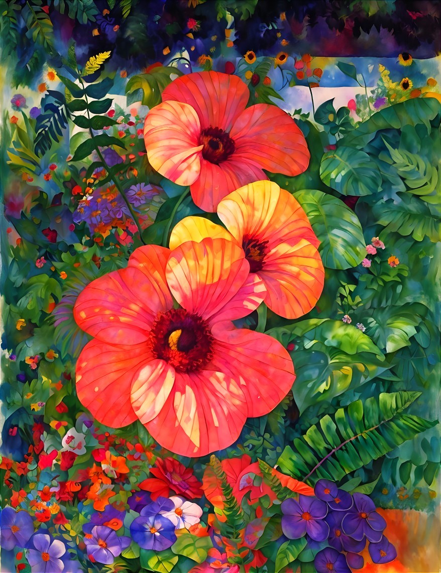 Colorful Floral Garden Painting with Red and Yellow Blooms
