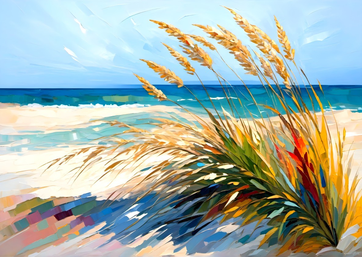 Vibrant Coastal Scene with Grasses and Turquoise Waves