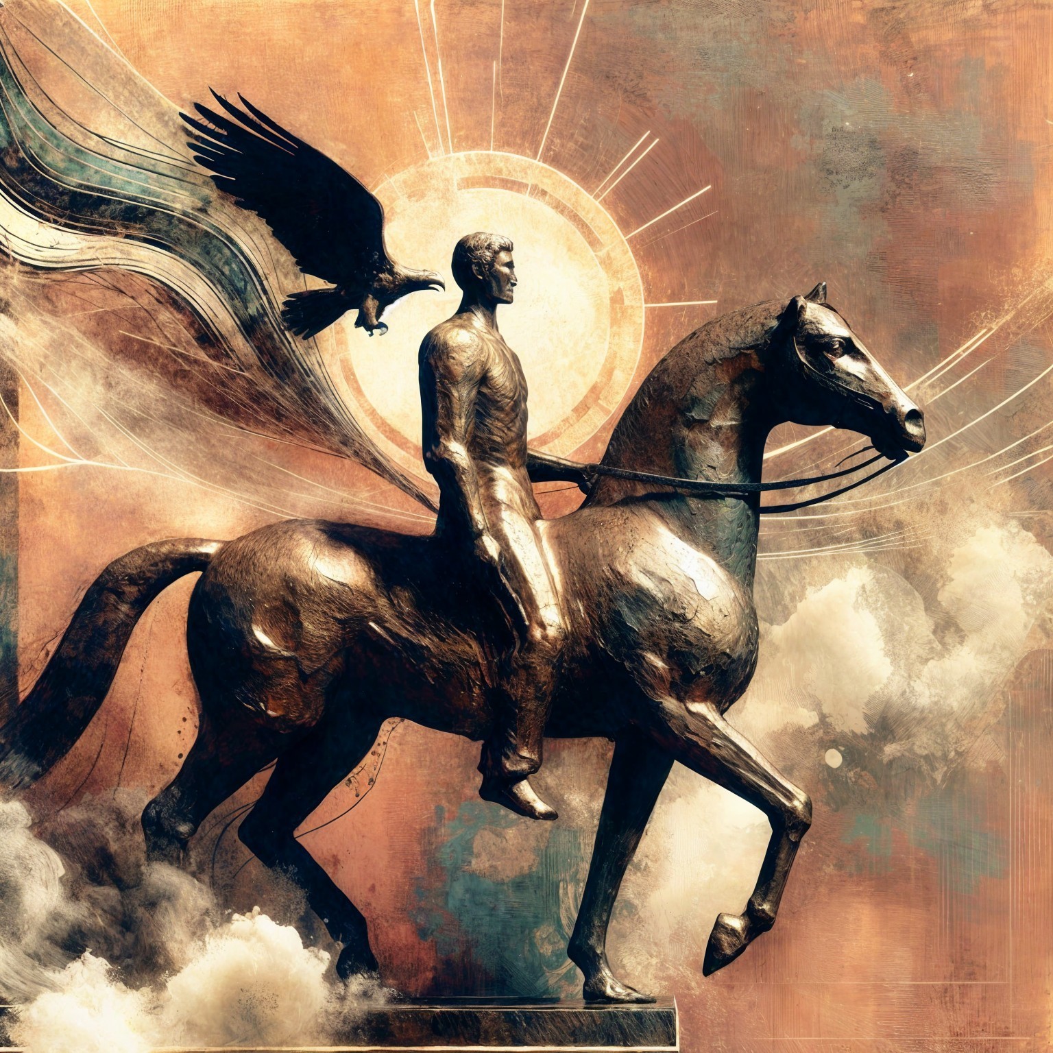 Bronze Statue of Galloping Horse and Rider with Eagle