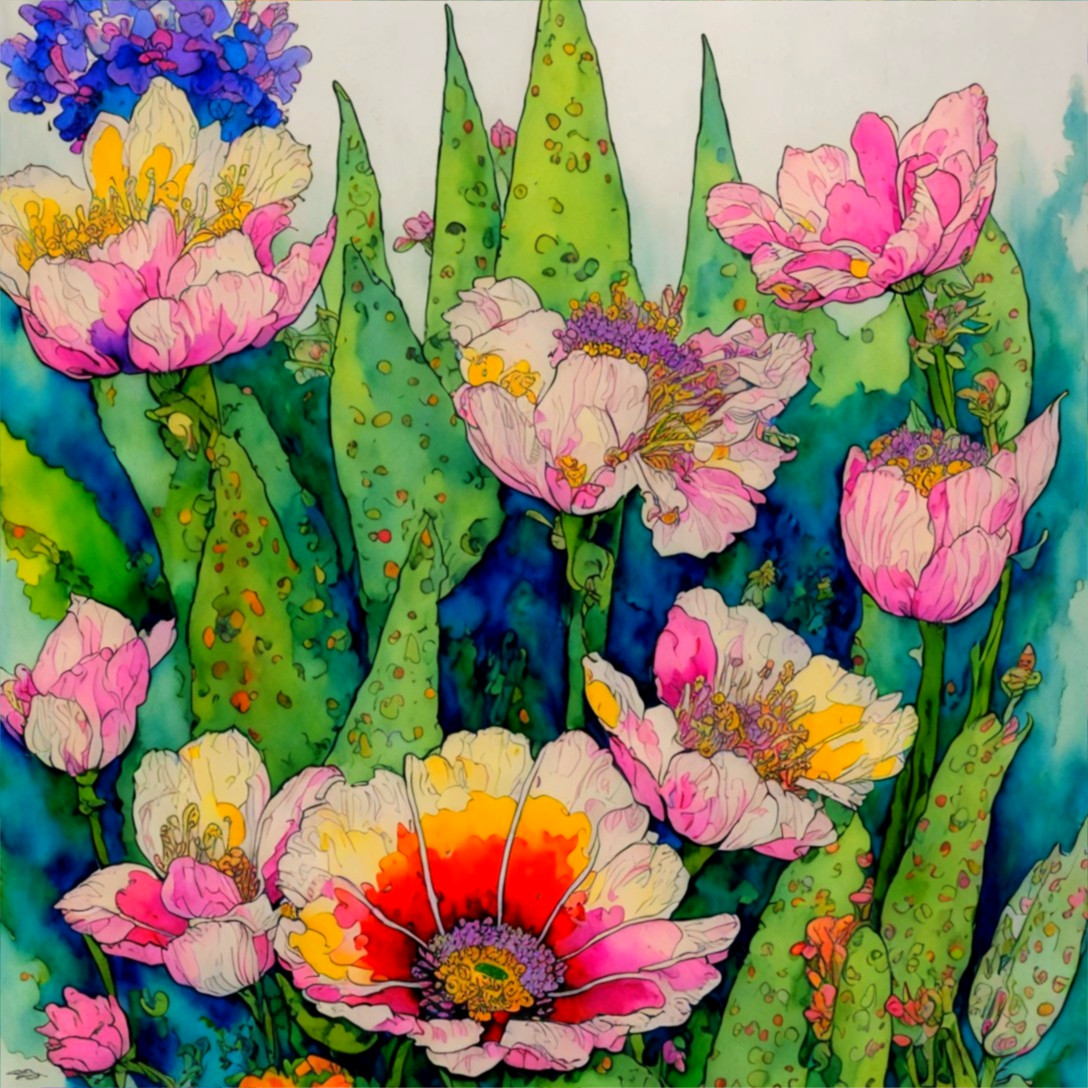 Vibrant floral painting with pink and red blossoms on green foliage