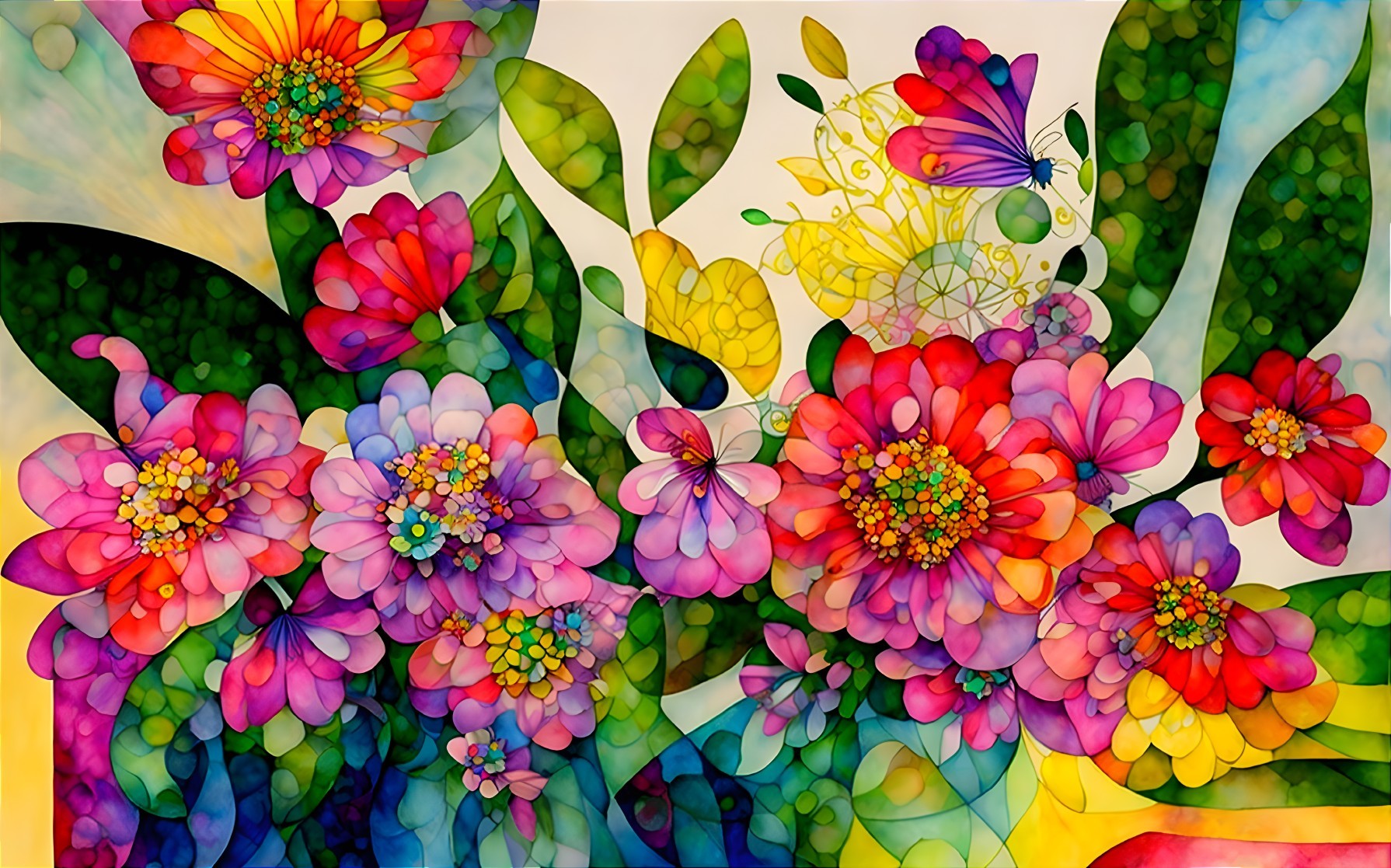 Colorful painting of stylized flowers, leaves, and butterfly in stained glass style