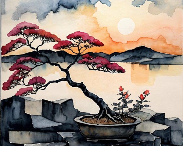 Watercolor Landscape with Bonsai Tree at Sunset