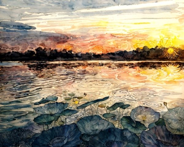 Tranquil Sunset Reflection with Blue Lotus Flowers