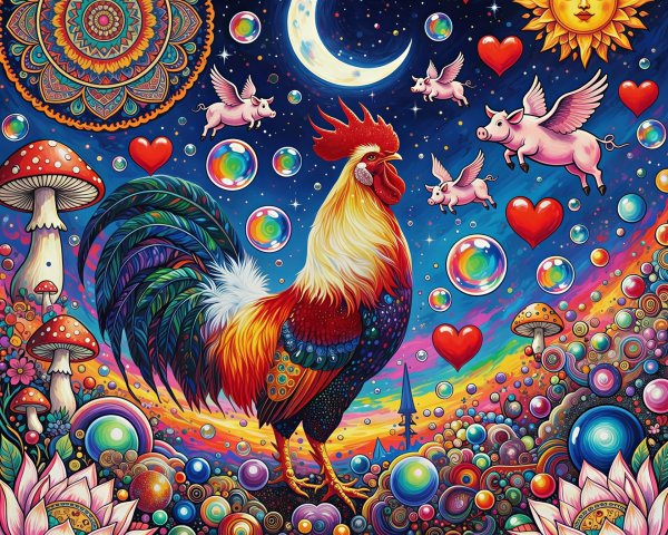Psychedelic Dreamscape with Vividly Colored Rooster