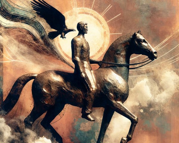 Bronze Statue of Galloping Horse and Rider with Eagle