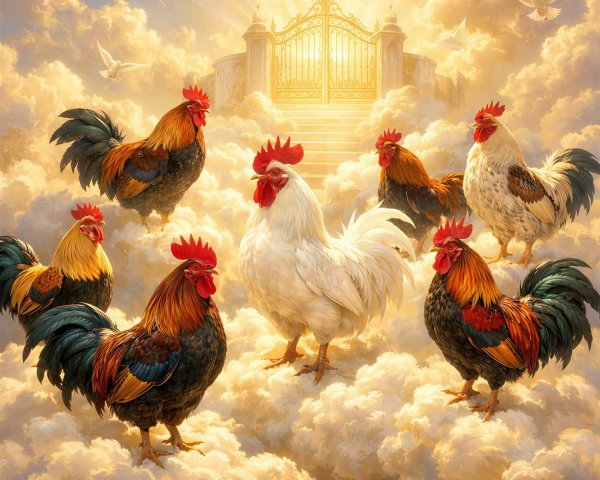 Heavenly Digital Painting of Roosters on Clouds