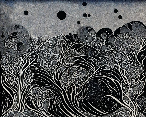 Intricate Black-and-White Design of Trees and Patterns