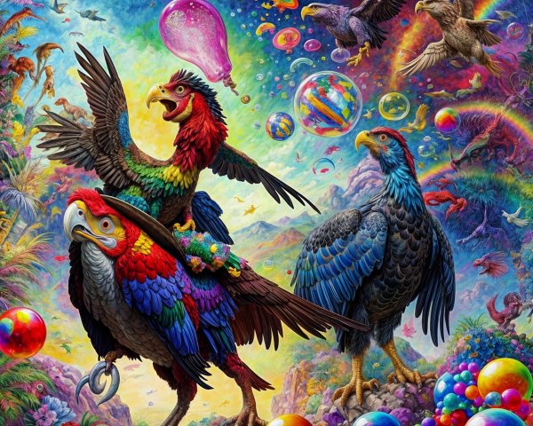 Vibrant Birds and Surreal Landscape with Bubbles