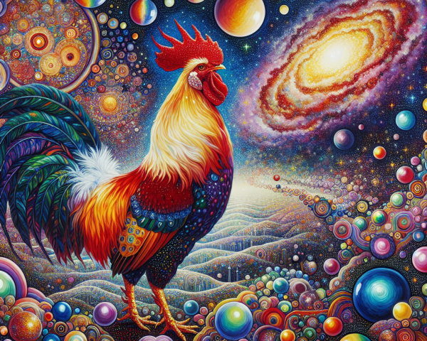 Majestic Rooster in a Cosmic Landscape Painting