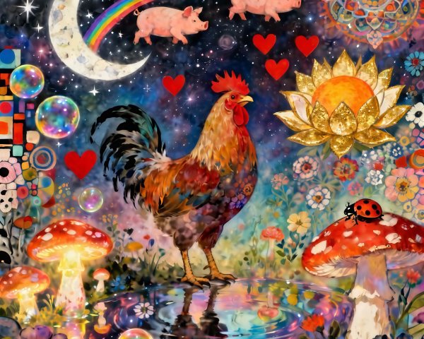 Vibrant Illustration of Rooster with Surreal Elements