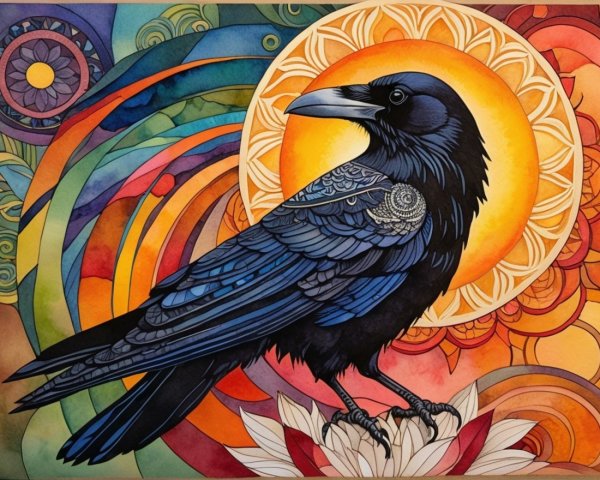 Vibrant Raven Surrounded by Colorful Patterns and Lotus