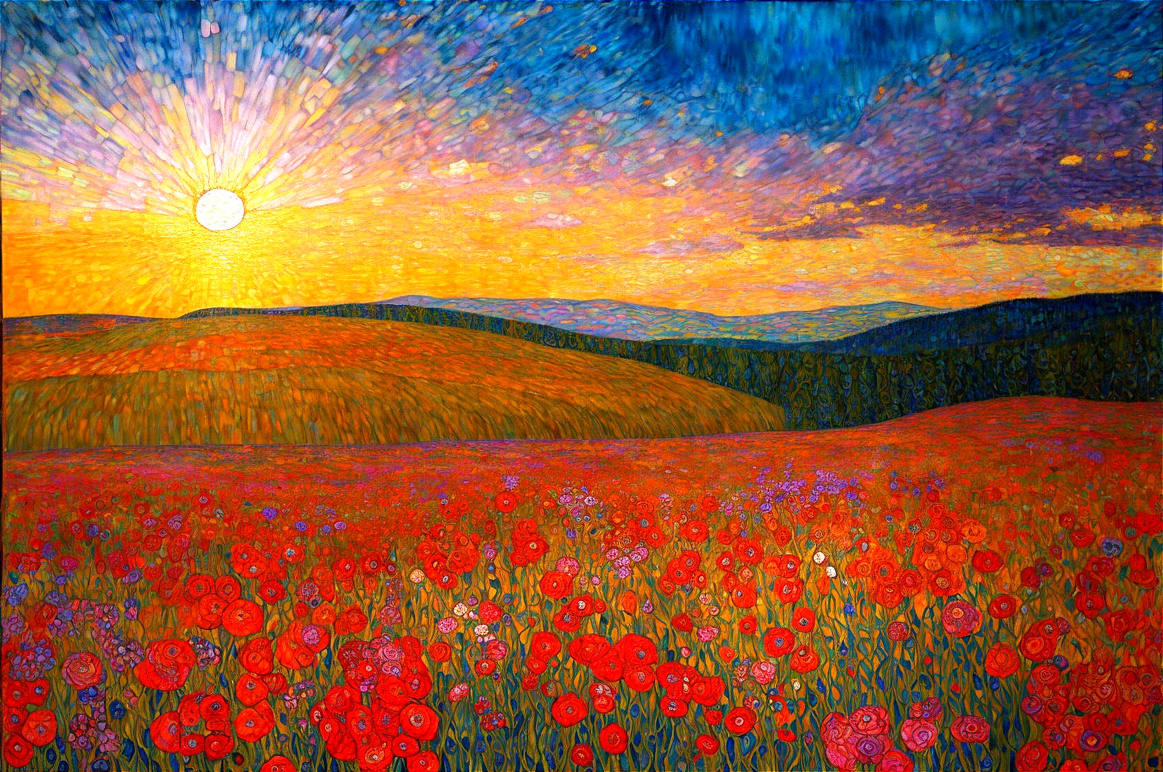 Vibrant sunset painting over red poppy field and textured sky