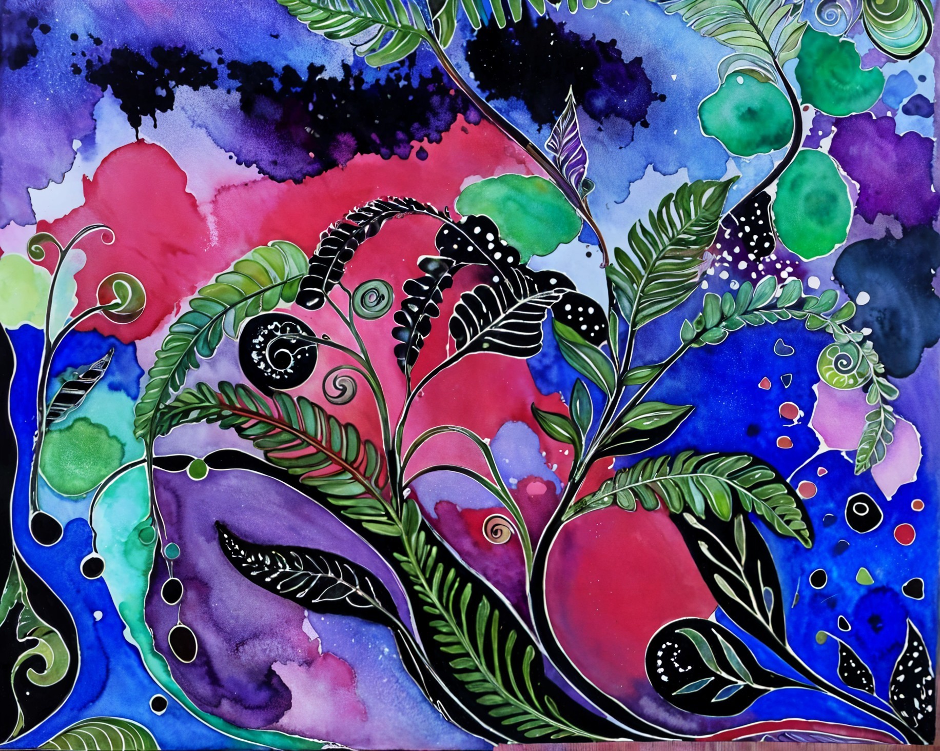 Vibrant Abstract Watercolor with Swirling Foliage