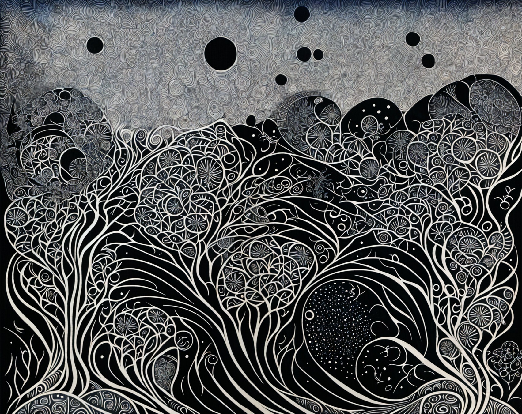 Intricate Black-and-White Design of Trees and Patterns