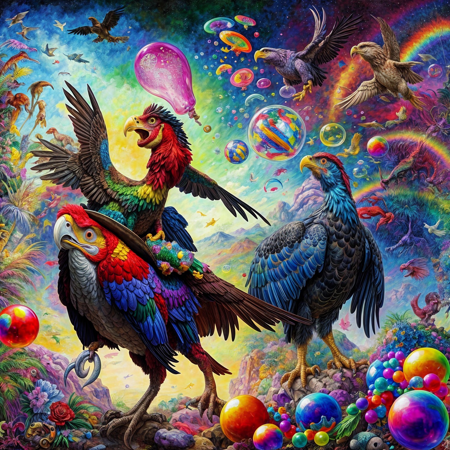 Vibrant Birds and Surreal Landscape with Bubbles