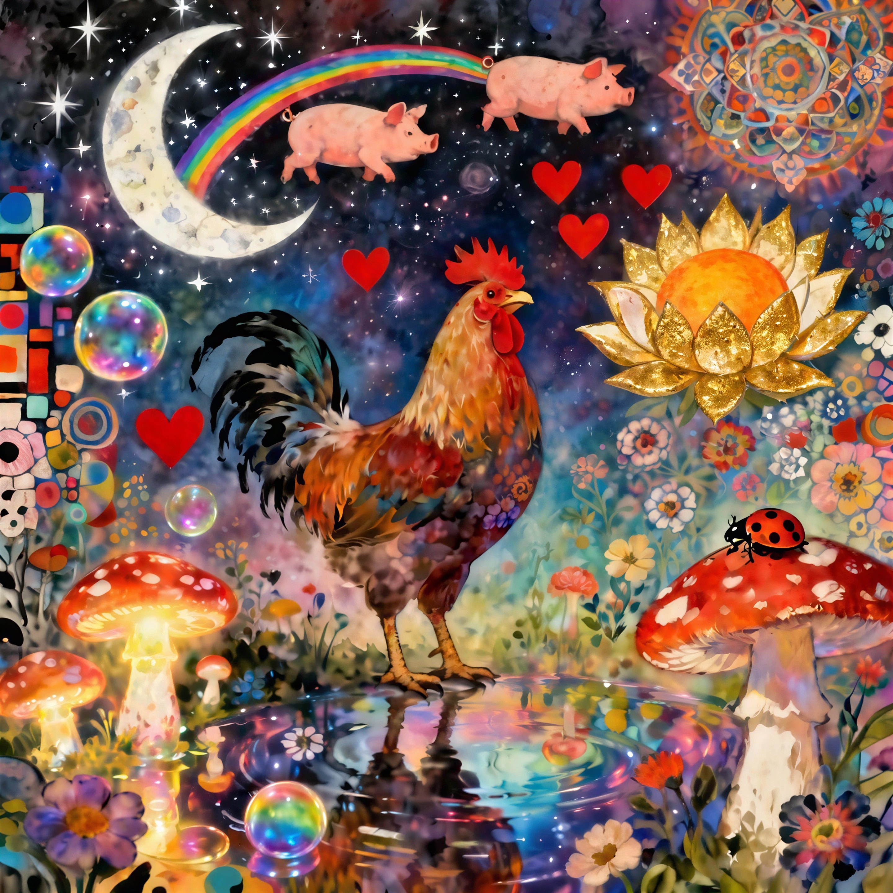 Vibrant Illustration of Rooster with Surreal Elements