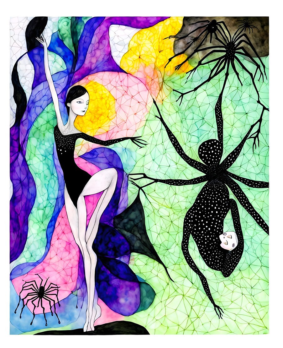 Person Surrounded by Large Spiders and Colorful Webs