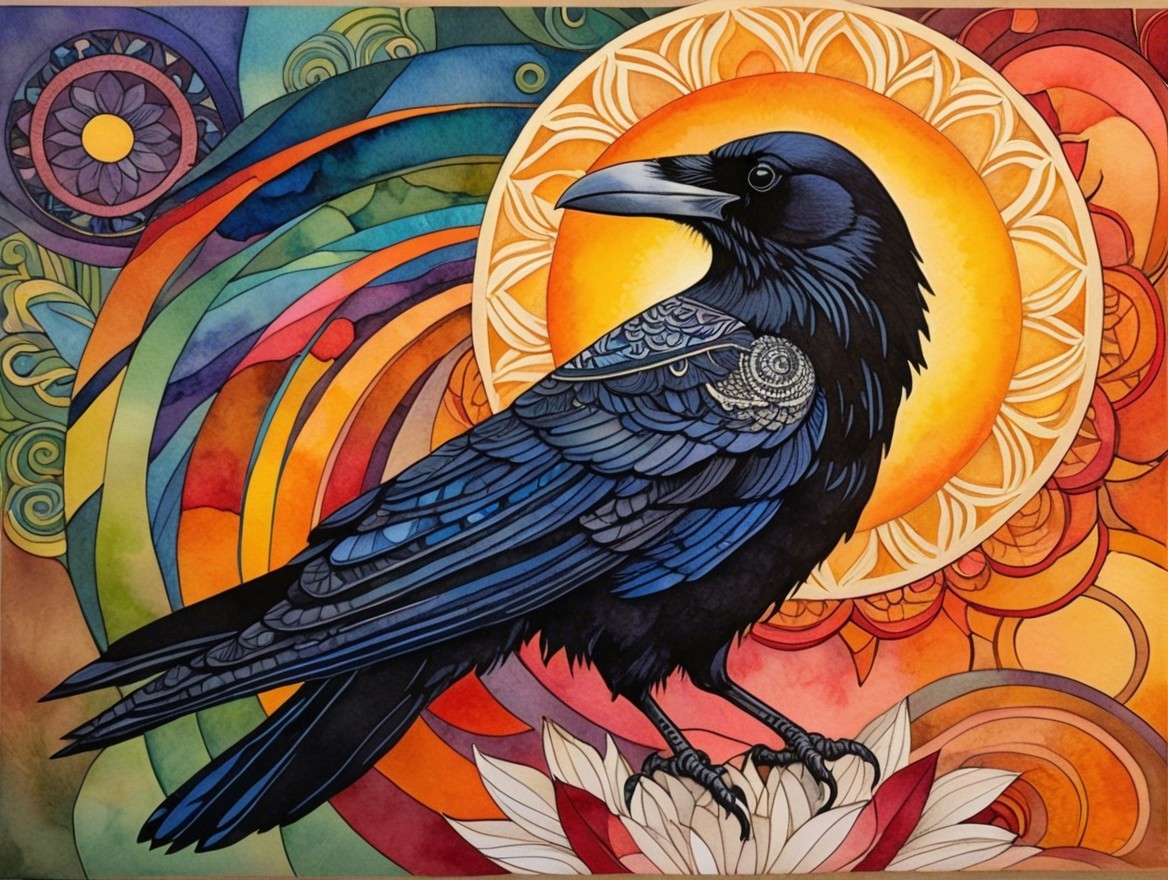 Vibrant Raven Surrounded by Colorful Patterns and Lotus