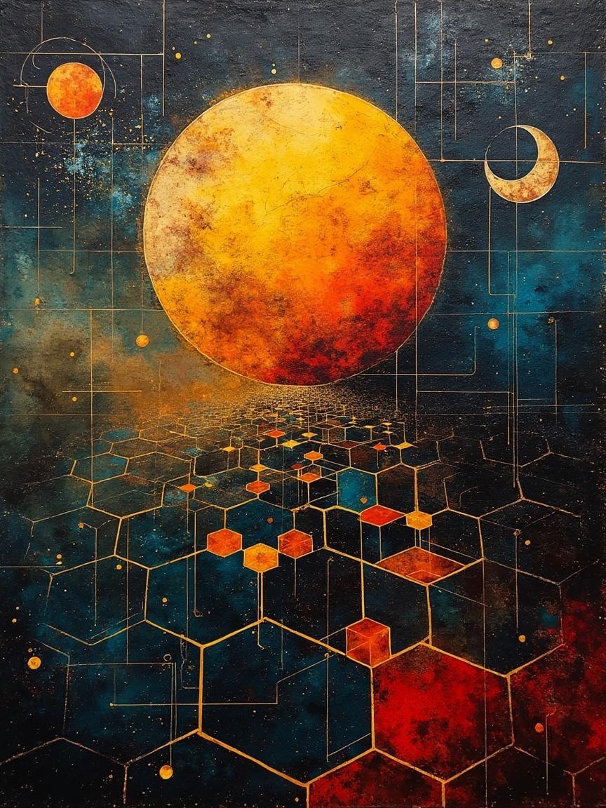 Abstract Painting of Sun and Moon in Cosmic Scene