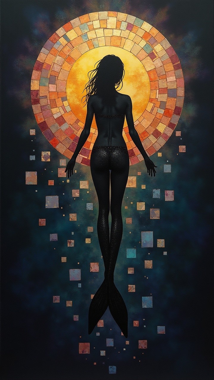 Silhouette of a mermaid with vibrant mosaic sun backdrop