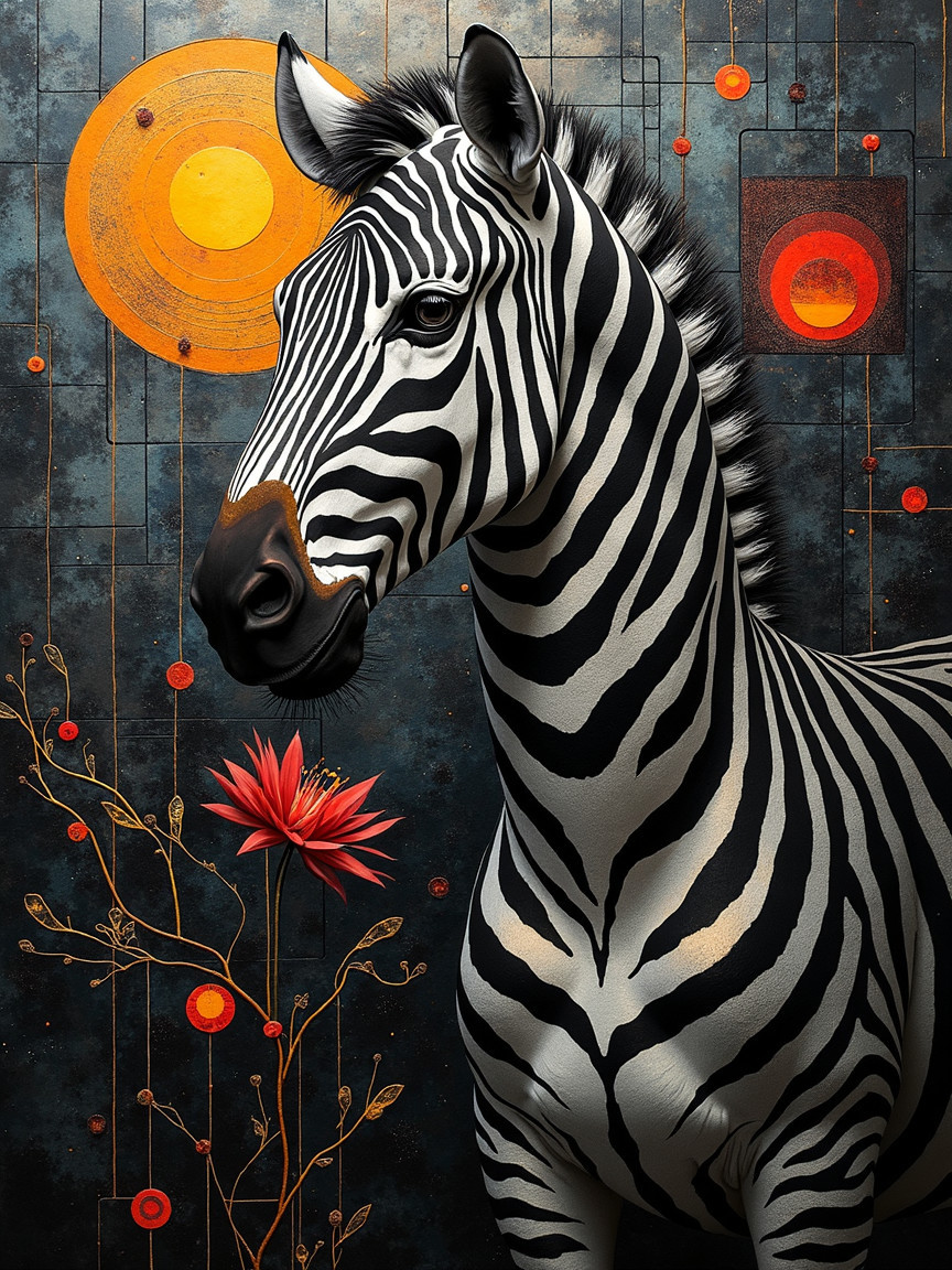 Zebra Against Colorful Textured Background and Flowers