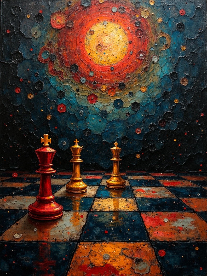 Chess Pieces Against a Cosmic Colorful Background