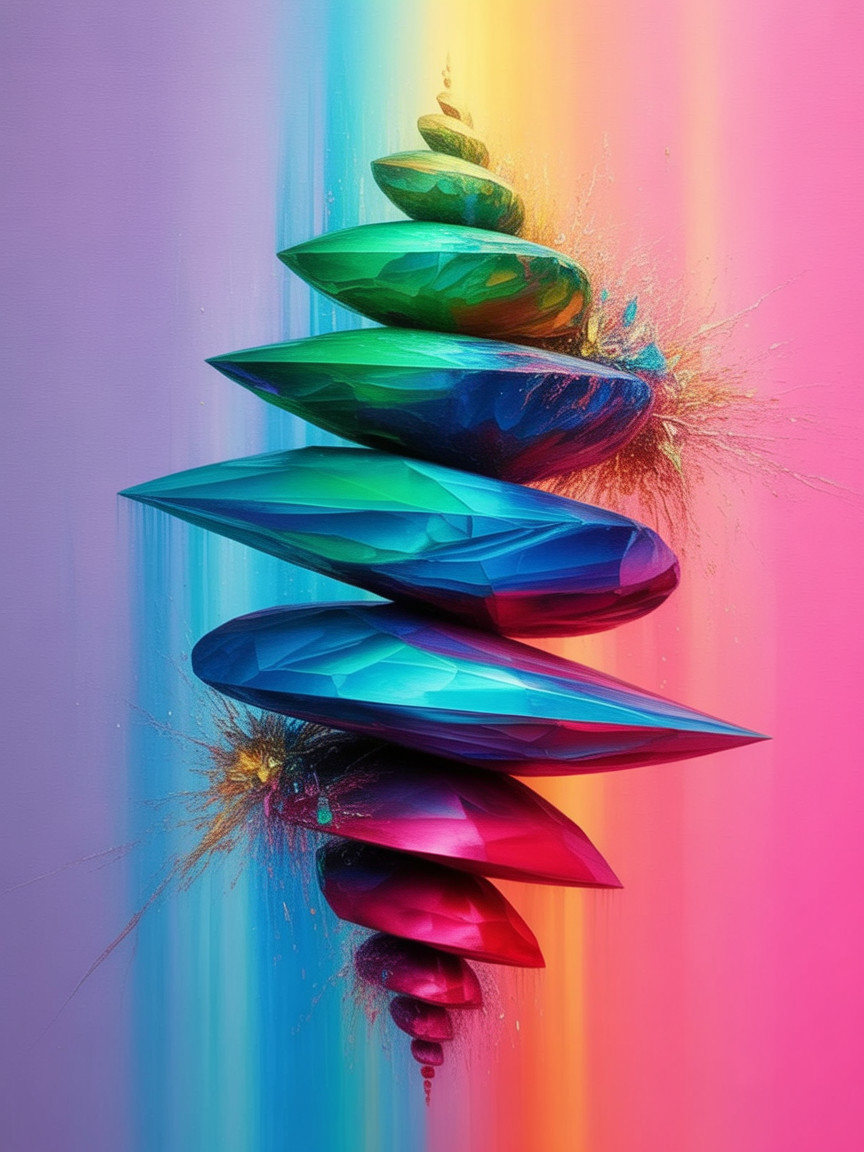 Vertical Arrangement of Multi-Colored Faceted Shapes
