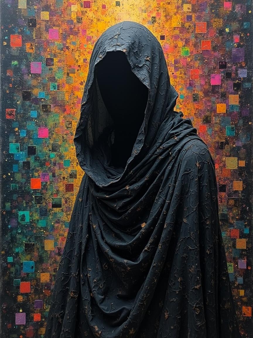 Mysterious Cloaked Figure Against Abstract Colorful Background