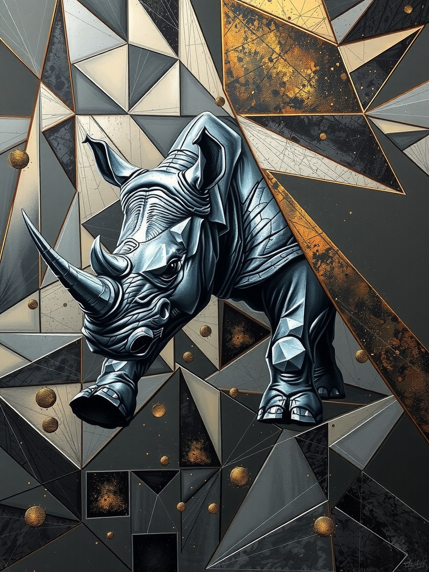 Stylized rhinoceros in geometric metallic background