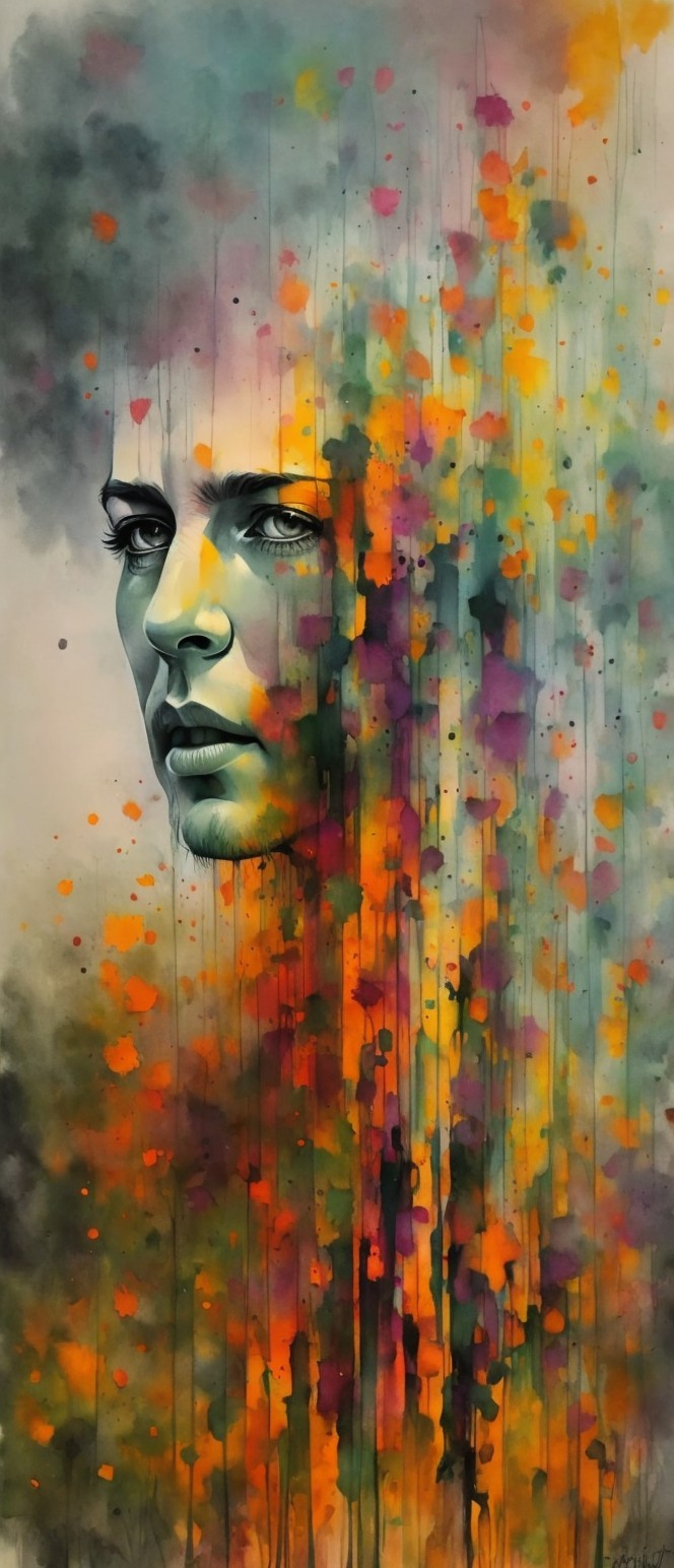 Portrait of a woman's face with colorful abstraction