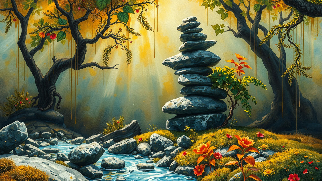 Tranquil Forest Scene with Stream and Stone Stack