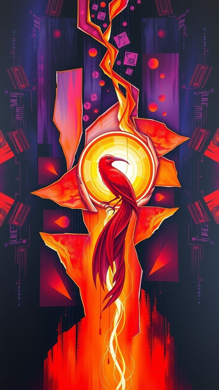 Surreal Artwork with Golden Orb and Red Bird
