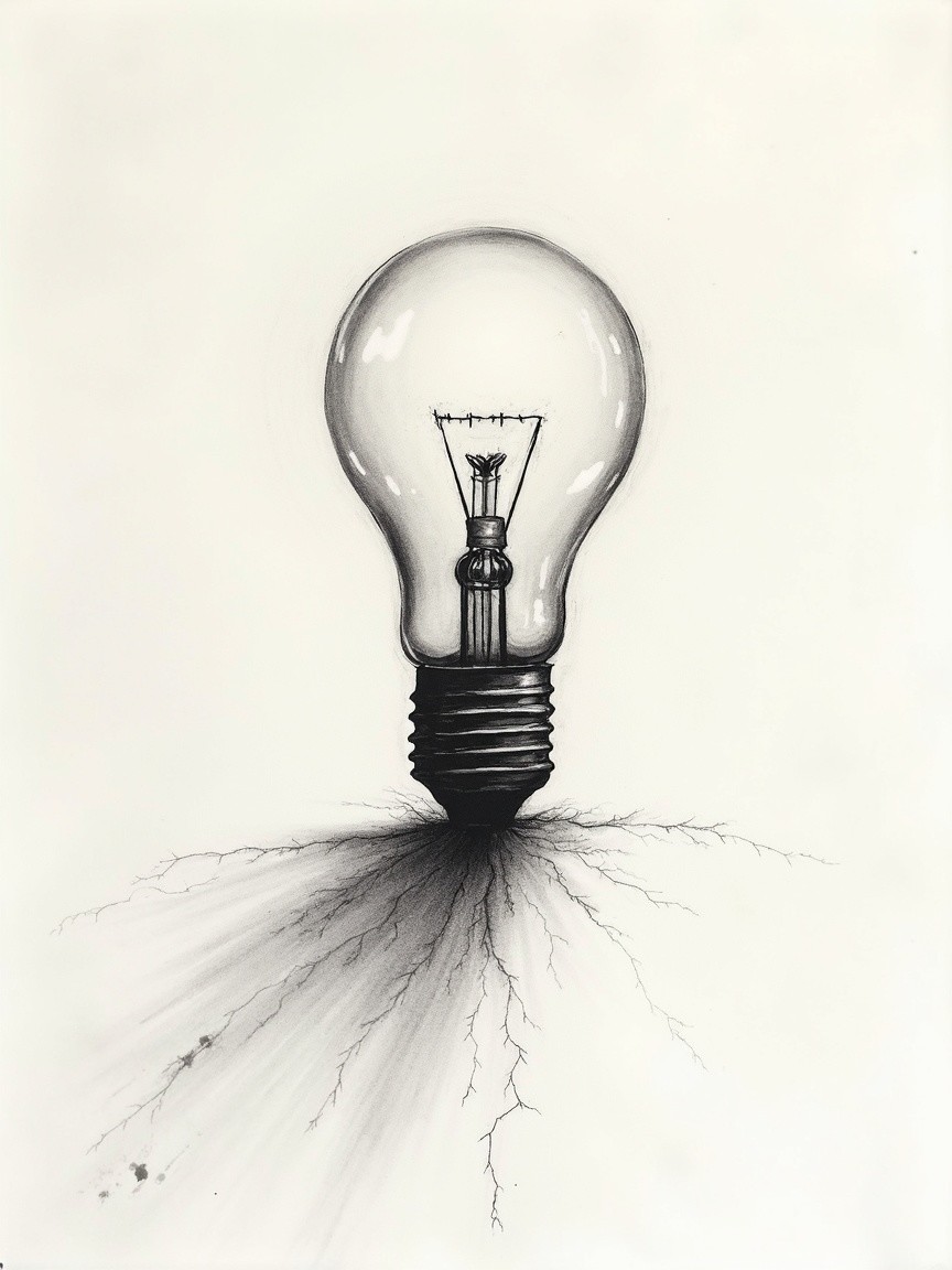 Illustration of Illuminated Light Bulb with Roots