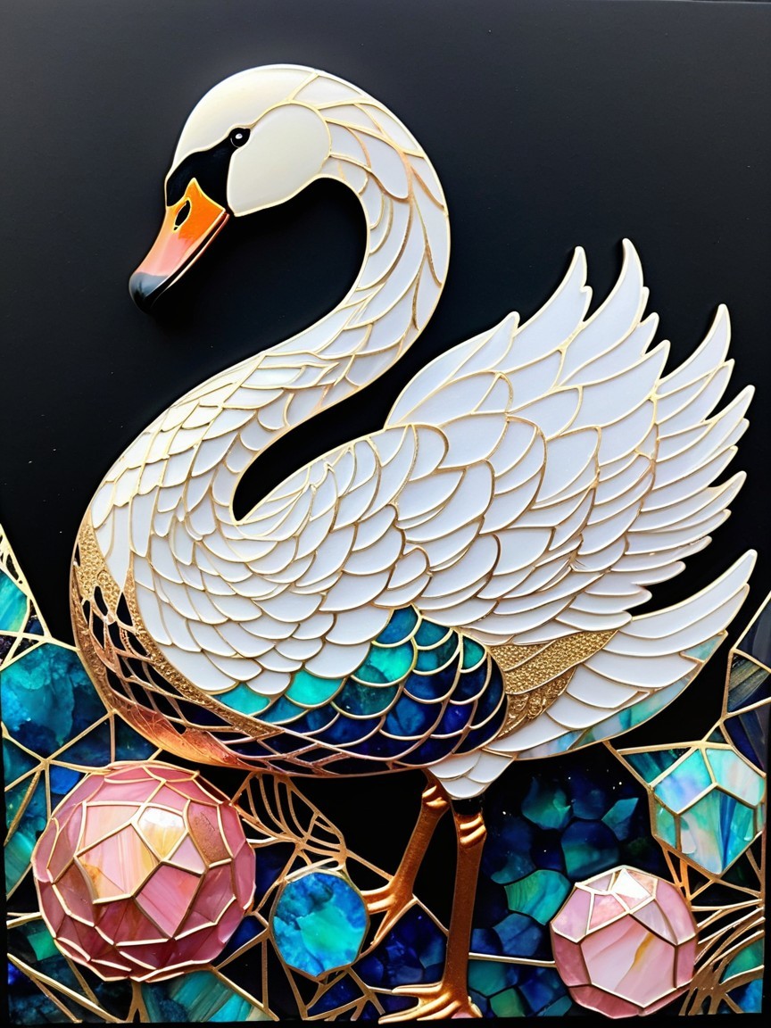Elegant stained glass swan with vibrant geometric shapes