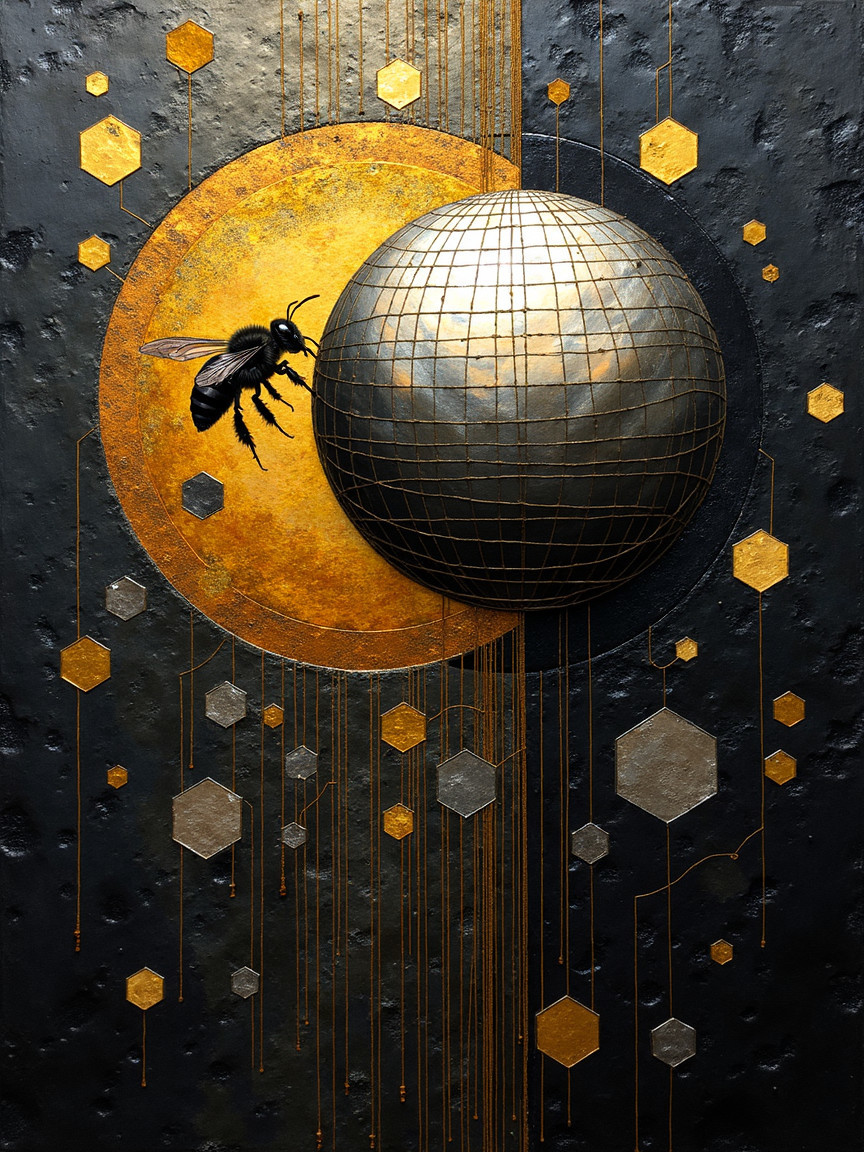 Reflective Sphere and Bee on Gold Circle Background