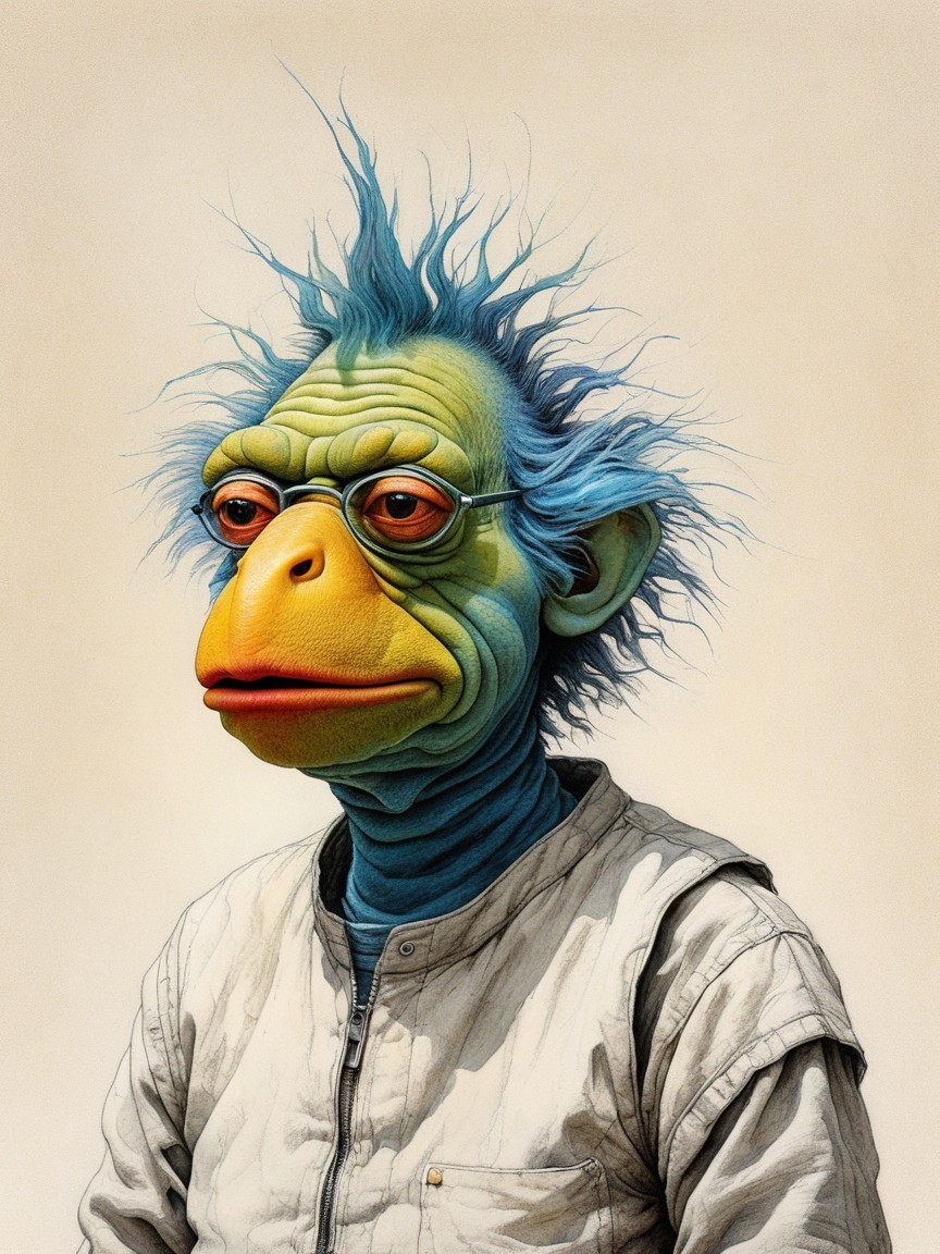 Humanoid Creature with Blue Hair and Orange Beak