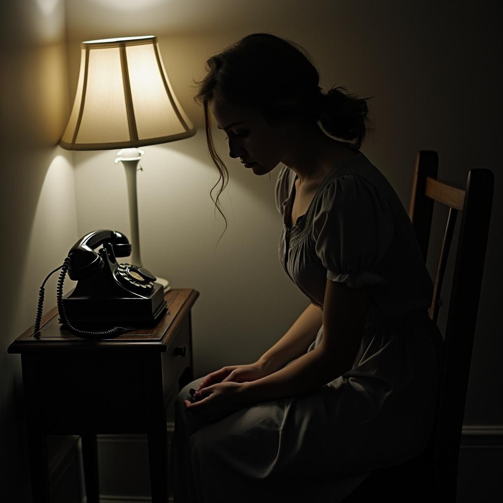 Contemplative Woman in Dimly Lit Room with Vintage Phone