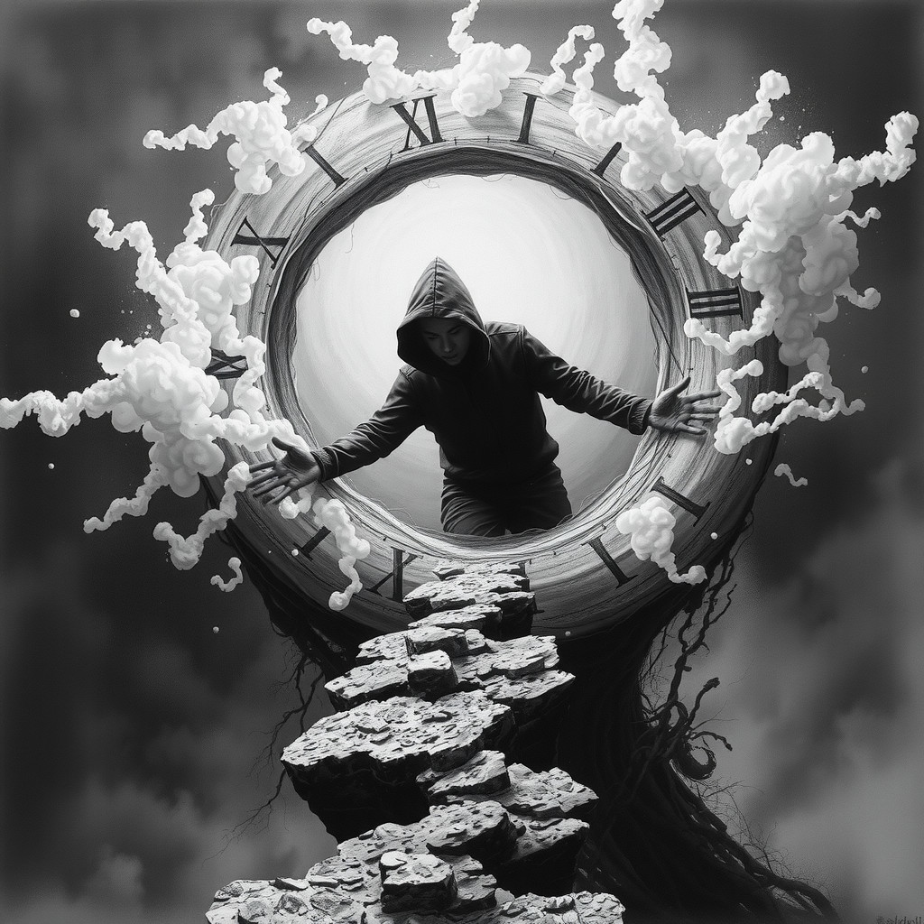 Hooded Figure and Surreal Clock in Dreamlike Scene